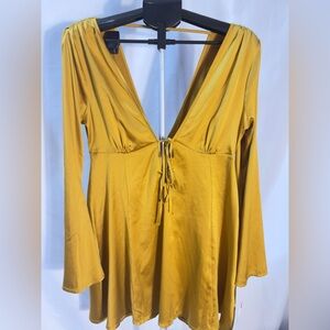ASOS Gold / yellow mustard Satin Bell Sleeve Mini Dress | Tie Front- size 6